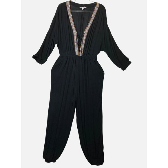 BCBG Black Embroidered Jumpsuit Large Boho Hippie Casual Gypsy Sexy Coastal Cute - Picture 1 of 7